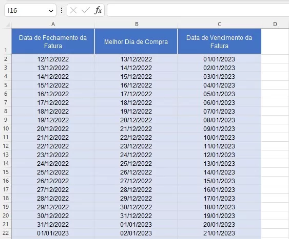 planilha com o melhor dia de compra no cartão